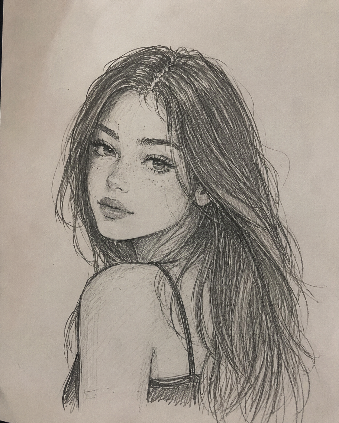 Beautiful Girl with Long Hair and Freckles Sketch