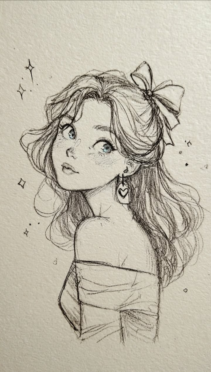 Elegant Girl with Ribbon and Heart Earrings Sketch