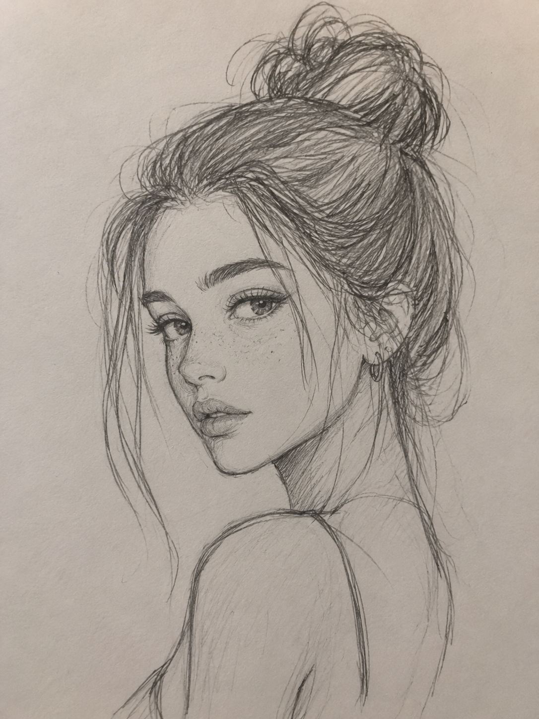 Elegant Girl with a Bun and Freckles Portrait