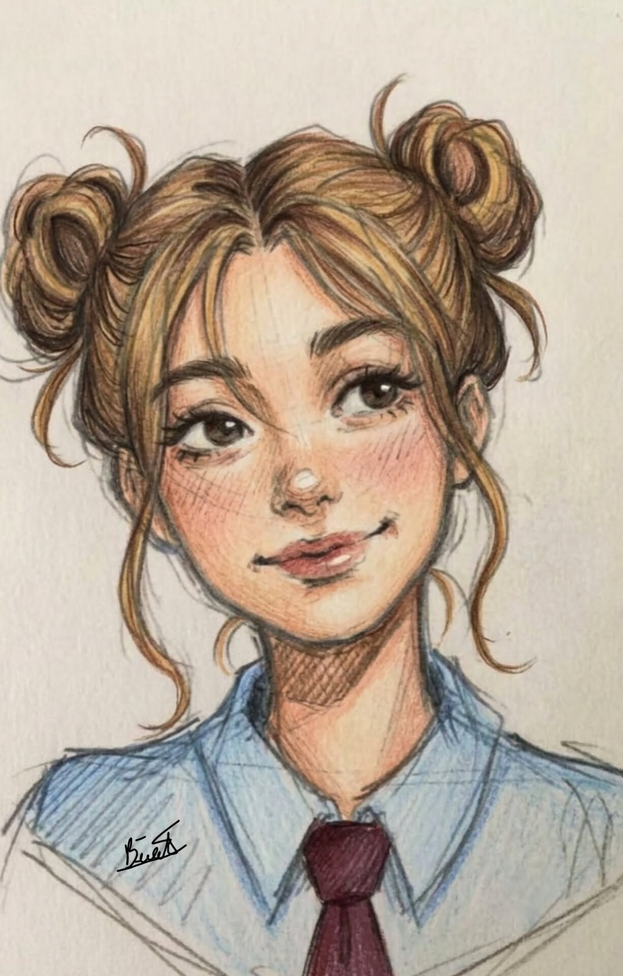 Cute Girl with Hair Buns and School Uniform Sketch