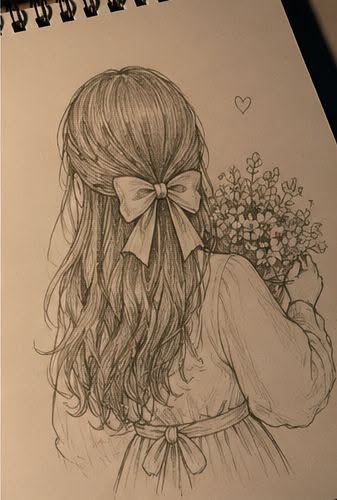 Girl with Long Hair Holding Flowers Sketch