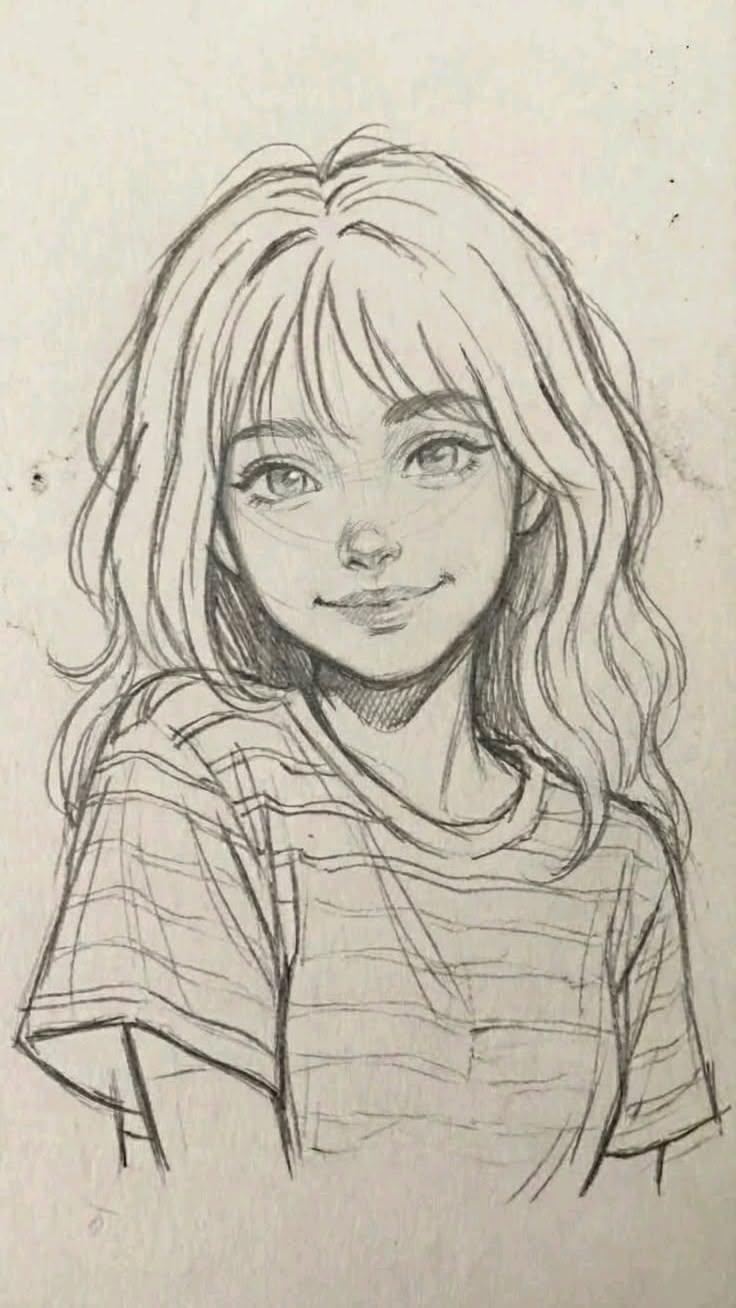 Cute Girl with Wavy Hair and Striped Shirt Sketch