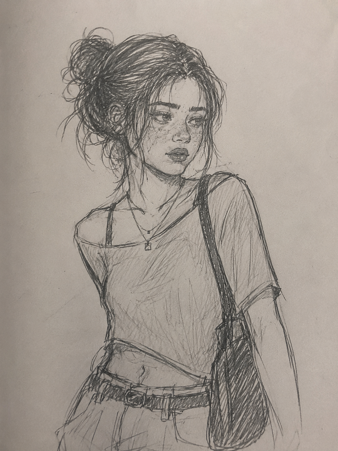 Stylish Girl with Messy Hair and Casual Outfit Sketch