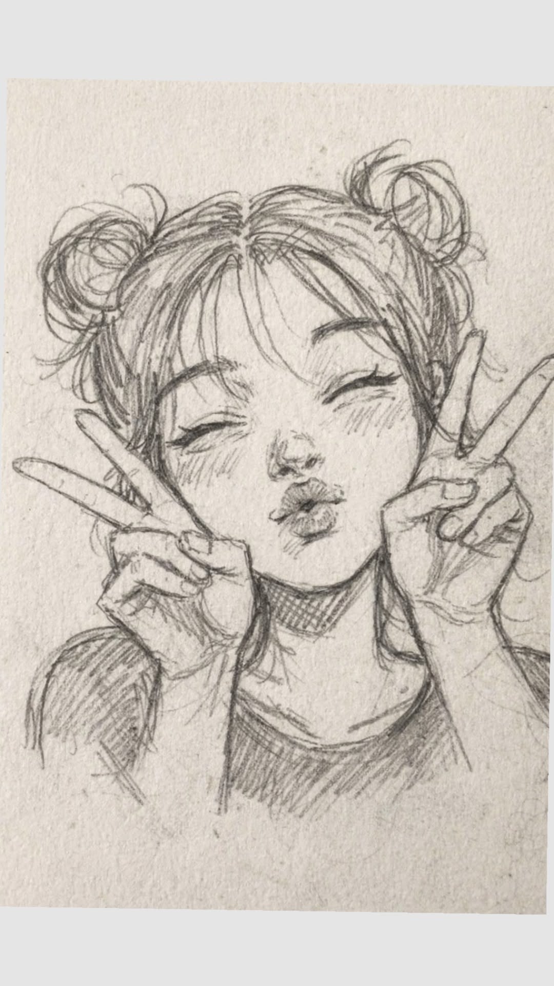 Cute Girl with Space Buns Making a Peace Sign