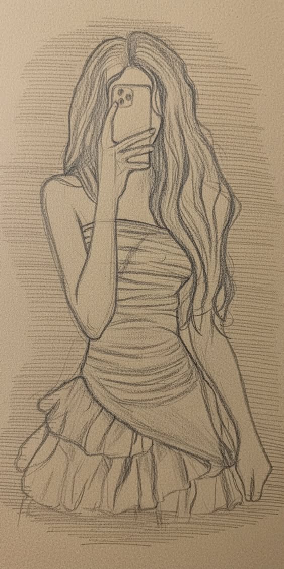 Stylish Girl Taking a Selfie in Dress Sketch