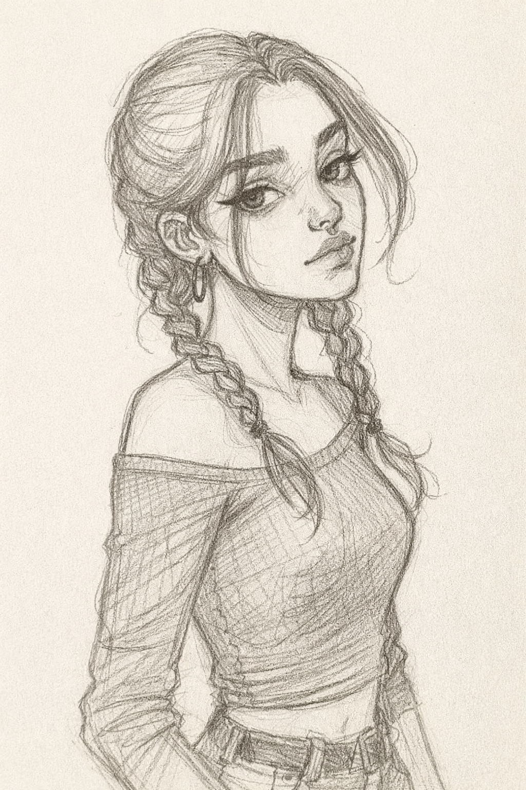 Stylish Girl with Braids and Off-Shoulder Top Sketch