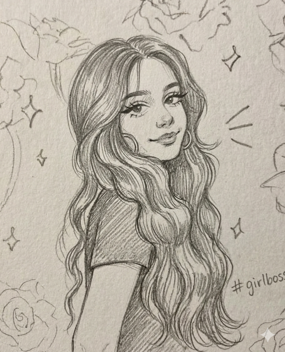 Charming Girl with Flowing Hair and Floral Background