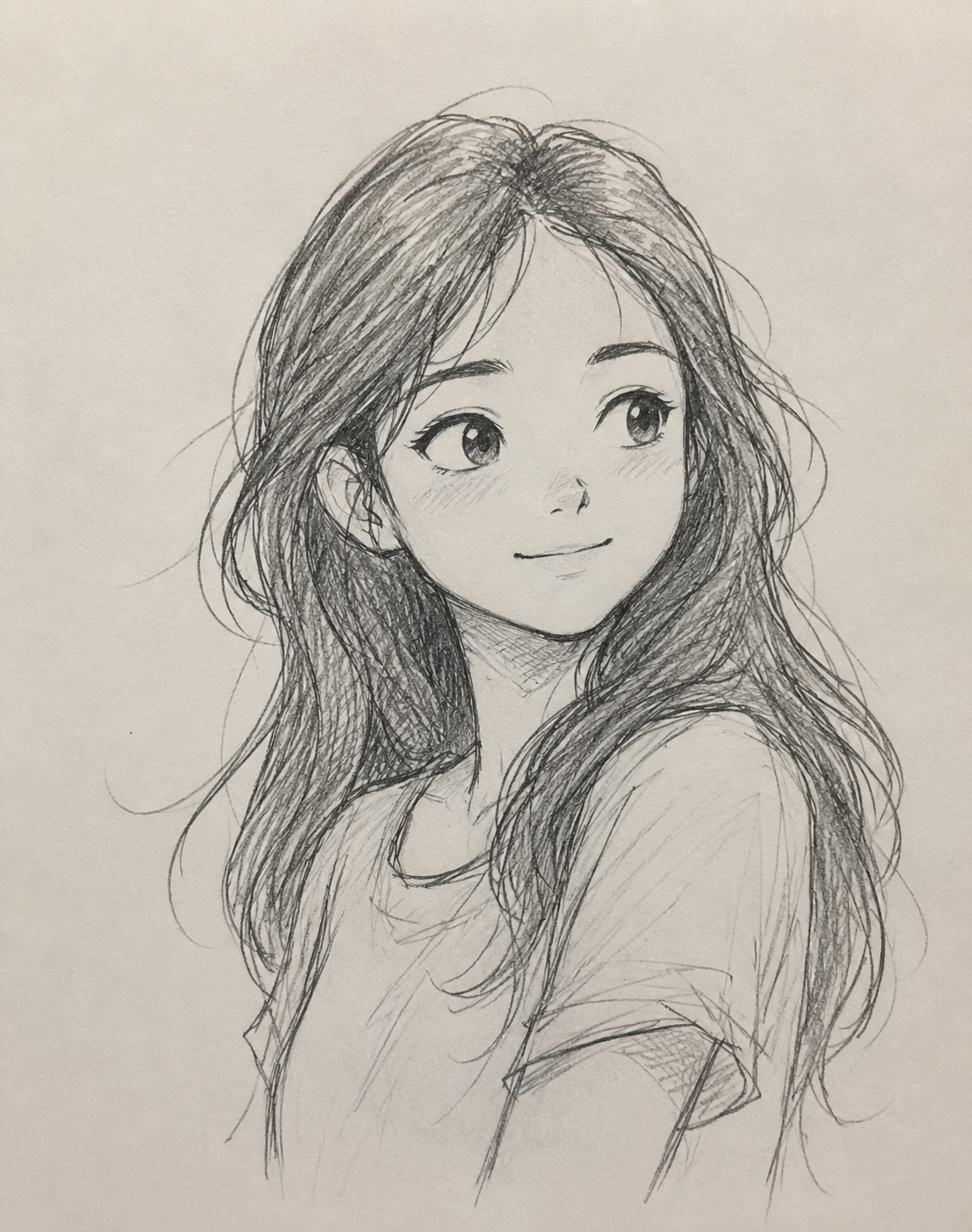 Young Girl with Long Flowing Hair and Gentle Smile Sketch