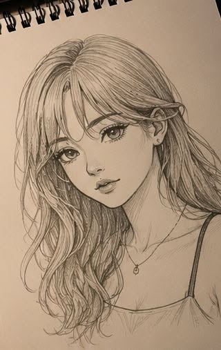 Beautiful Girl with Long Wavy Hair and Expressive Eyes Sketch