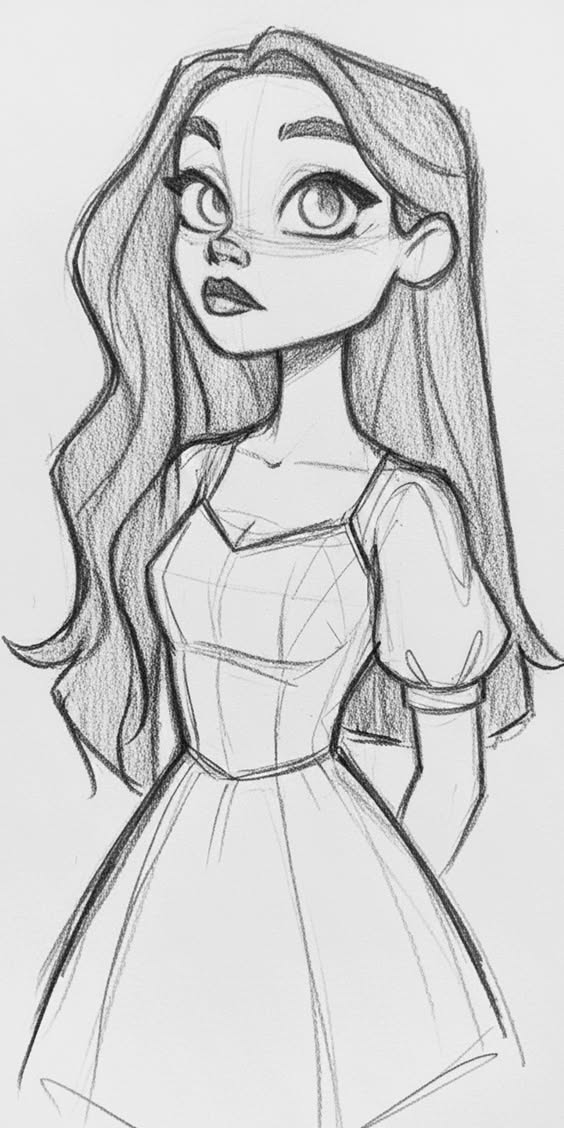 Stylish Girl with Long Hair and Vintage Dress Sketch