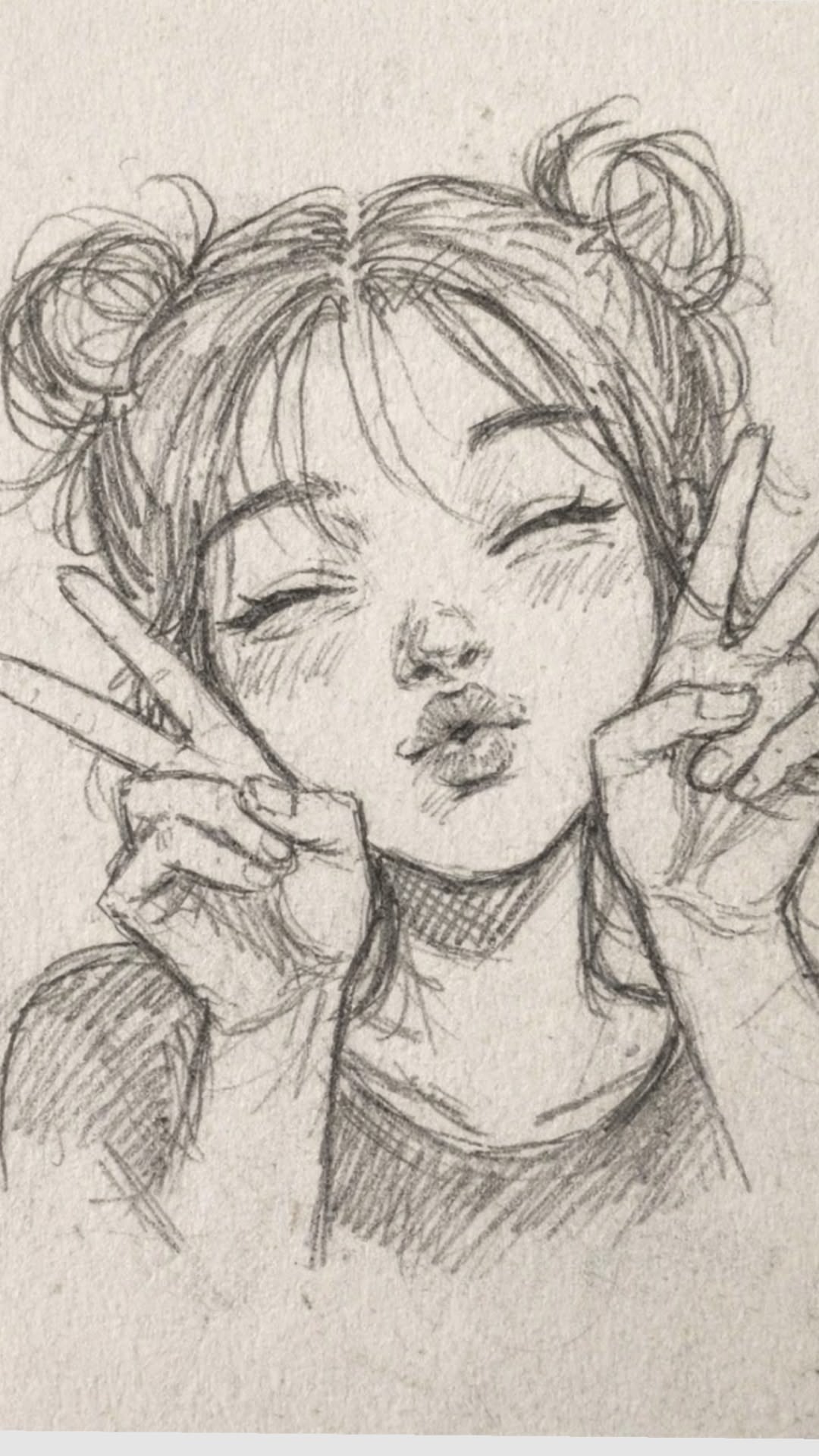 Cute Girl with Space Buns and Peace Sign