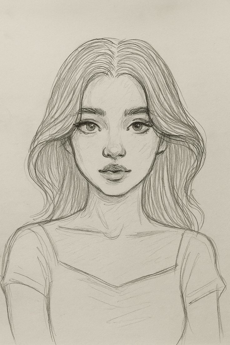 Young Woman with Flowing Hair and Expressive Face Sketch