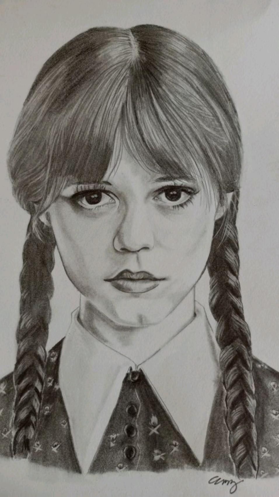 Realistic Portrait of Wednesday Addams with Braids