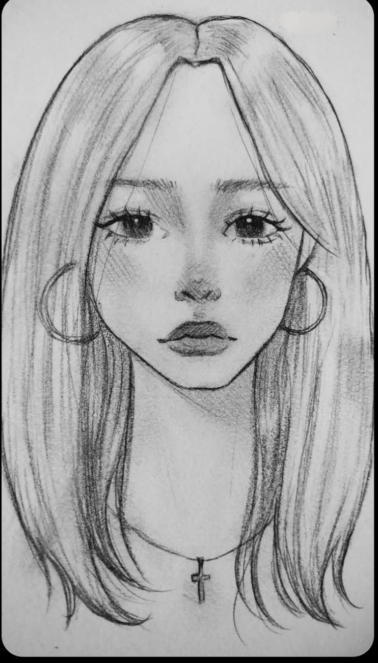 Stylish Girl with Long Hair and Hoop Earrings Sketch