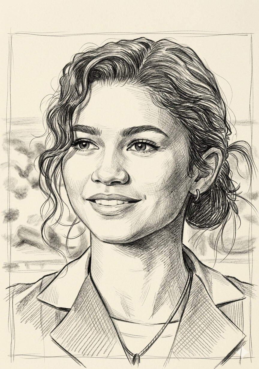 Realistic Sketch of Zendaya with Curly Hair