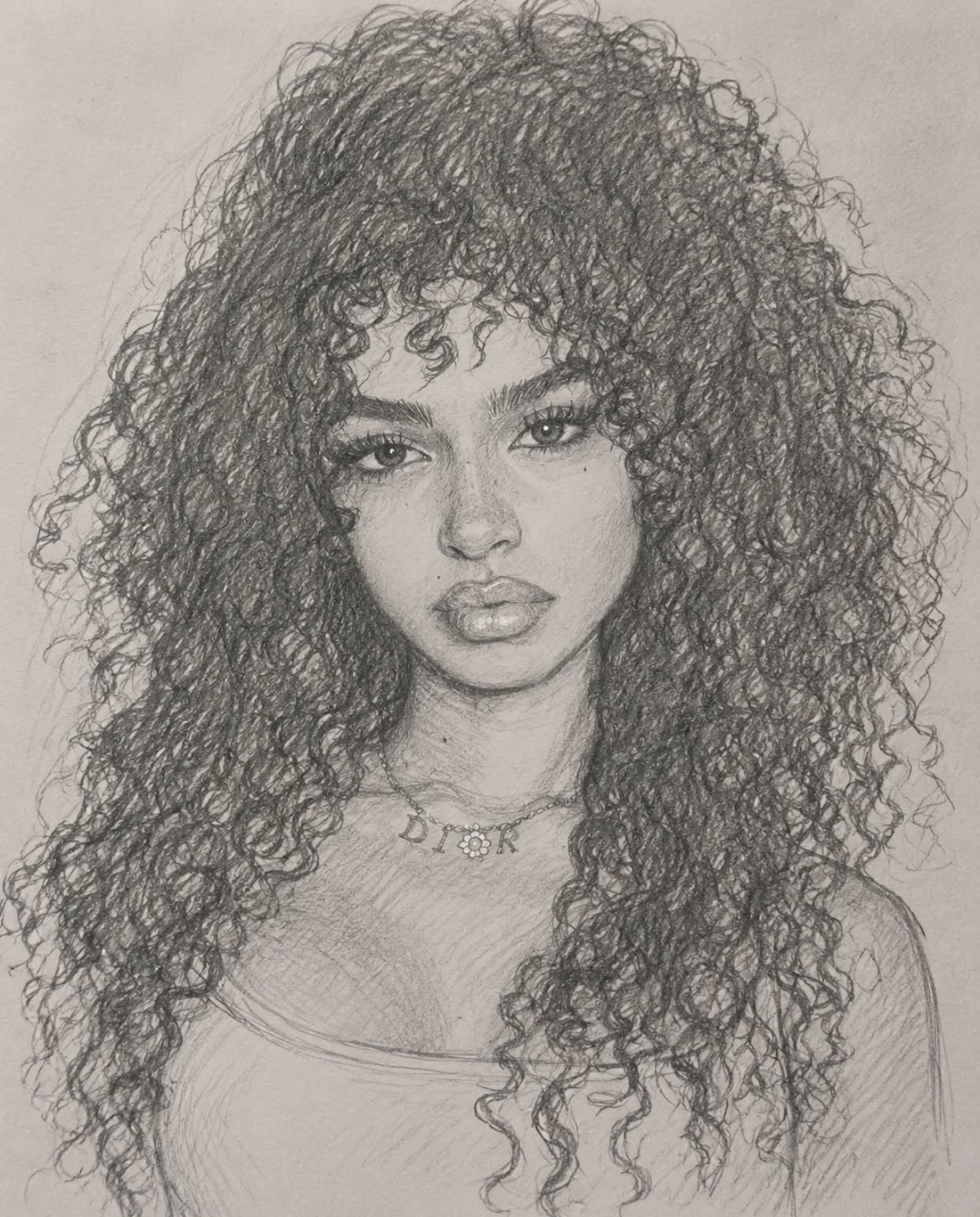 Realistic Girl with Curly Hair and Necklace Sketch