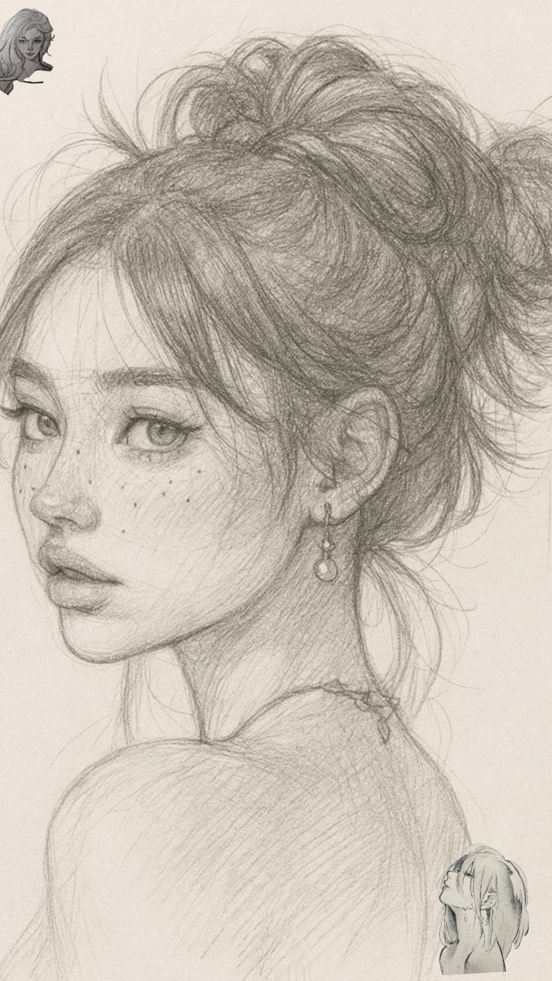 Beautiful Girl with Freckles and Updo Hairstyle Sketch