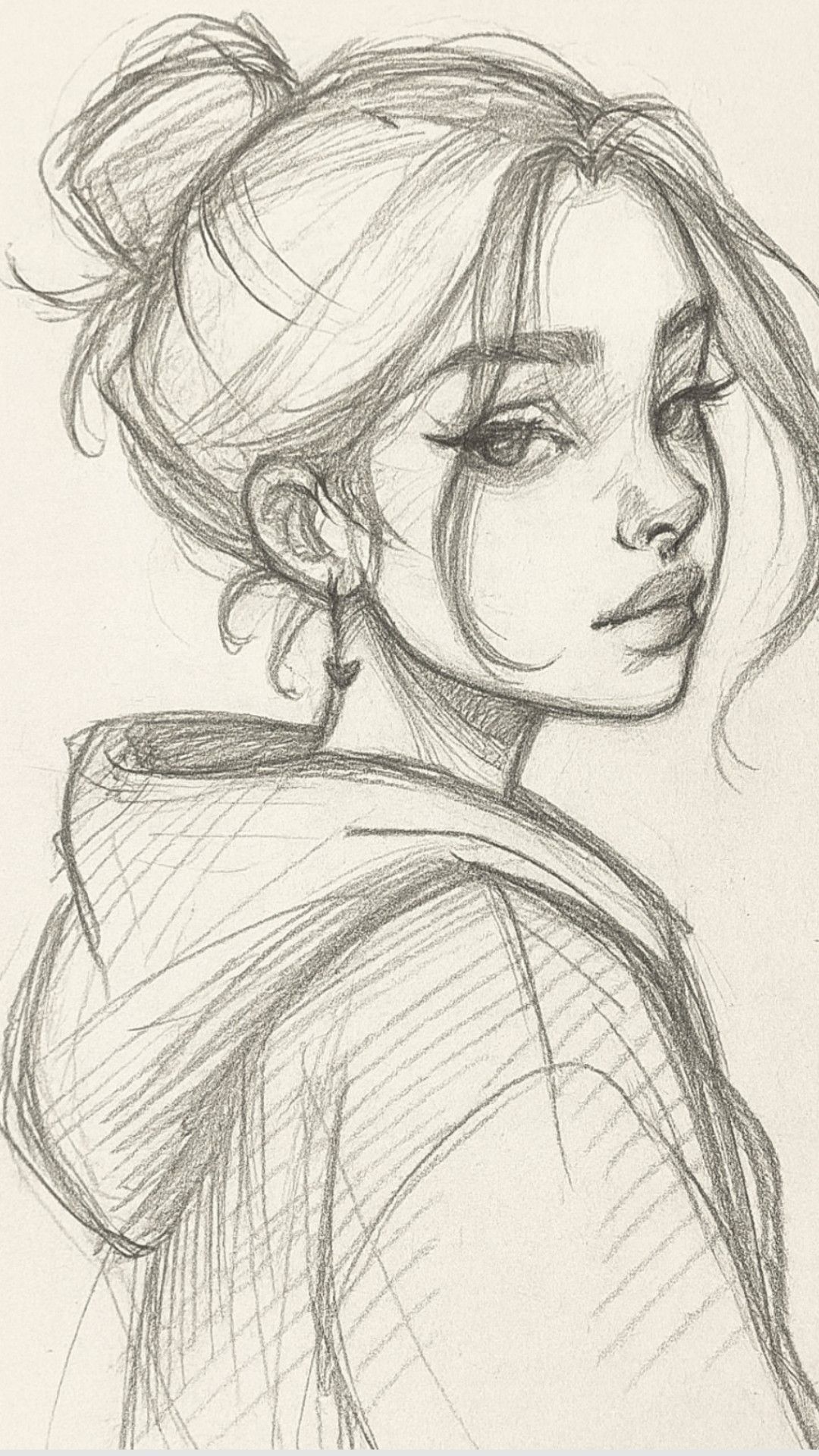 Stylish Girl with Bun and Hoodie Sketch