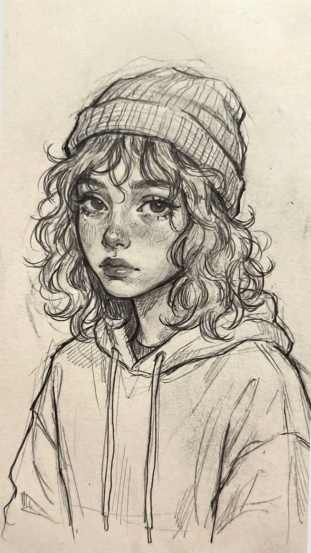 People to Draw: Stylish Girl with Curly Hair and Beanie Sketch