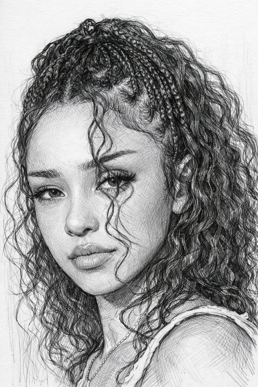 People to Draw: Realistic Girl with Curly Hair and Braids Portrait