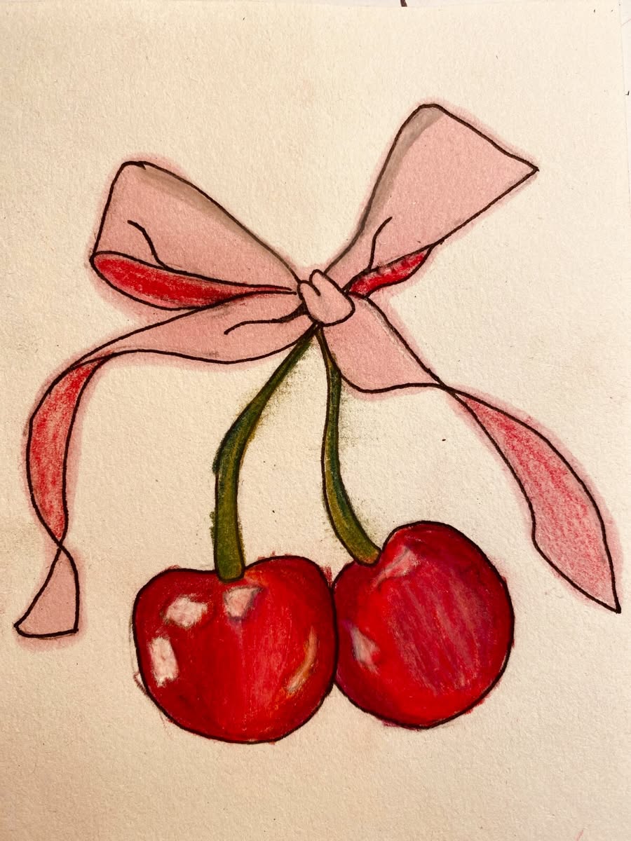 Adorable Cherries Tied with a Pink Ribbon