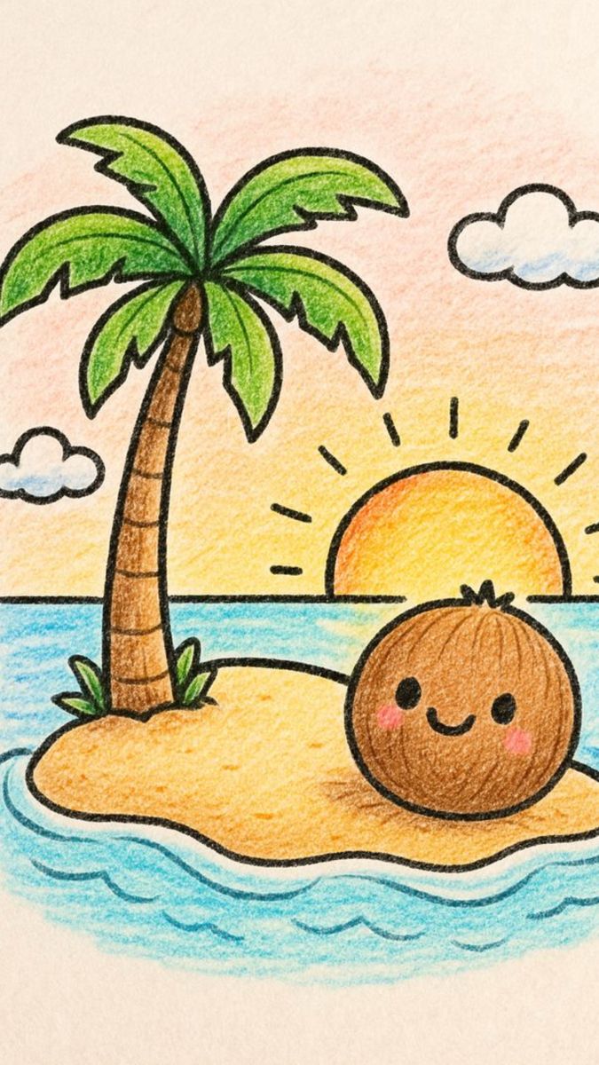 Adorable Coconut with Smile on Tropical Island