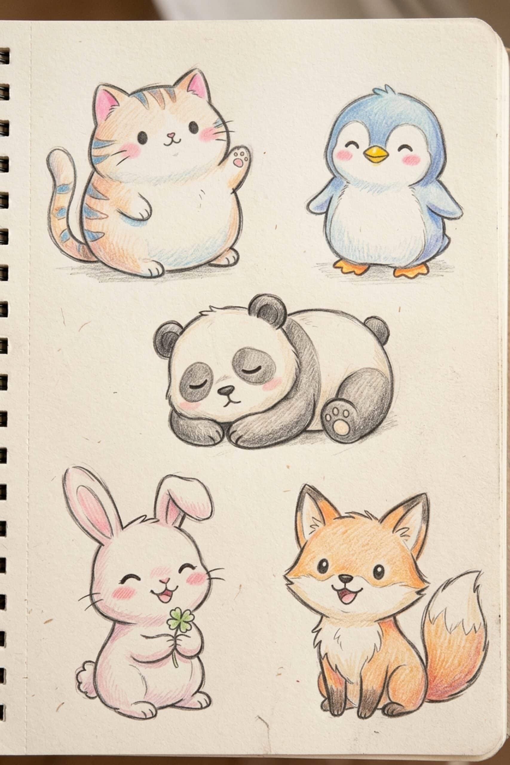 Adorable Collection of Kawaii Animals Featuring Cat, Penguin, Panda, Bunny, and Fox