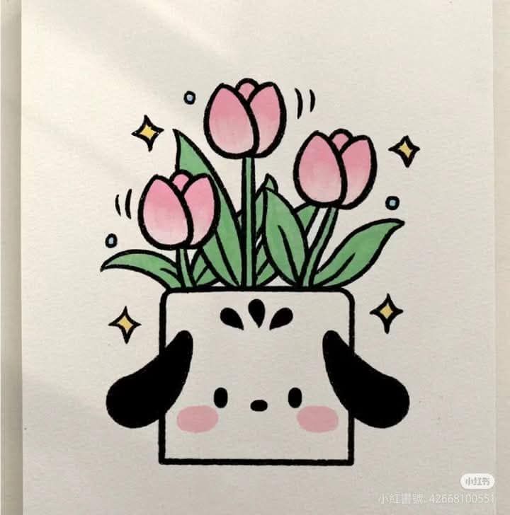 Adorable Dog with Tulips in Flower Pot