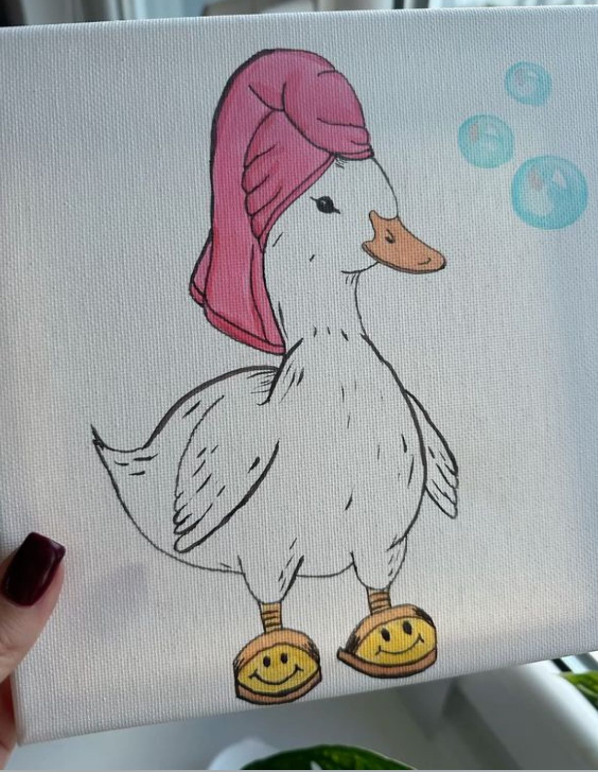 Adorable Duck with Pink Hair Wrap and Smile Slippers