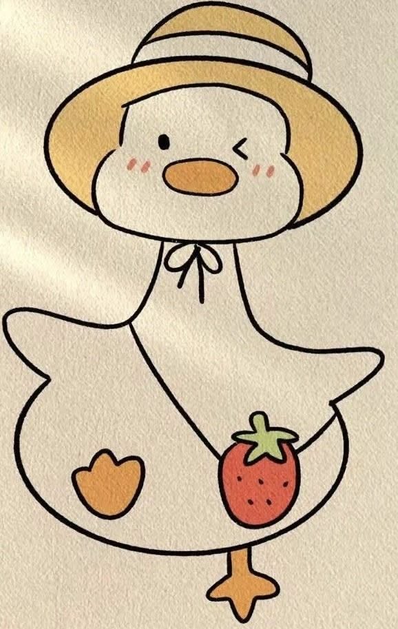 Adorable Duck with Strawberry and Sun Hat
