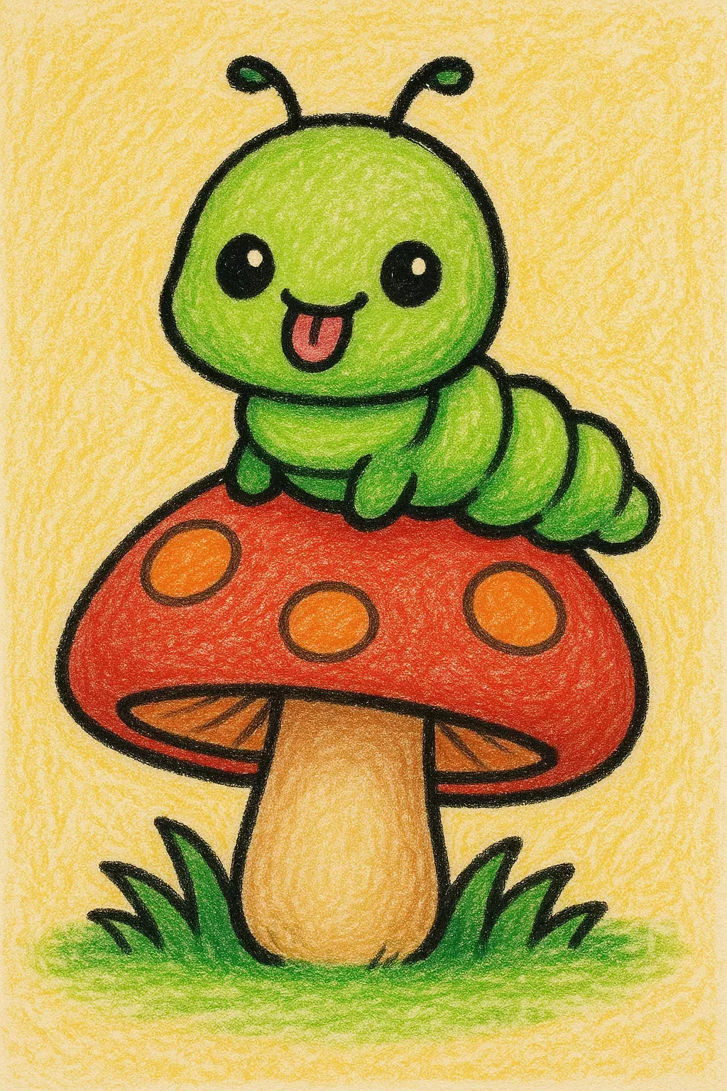 Adorable Green Caterpillar on Spotted Mushroom