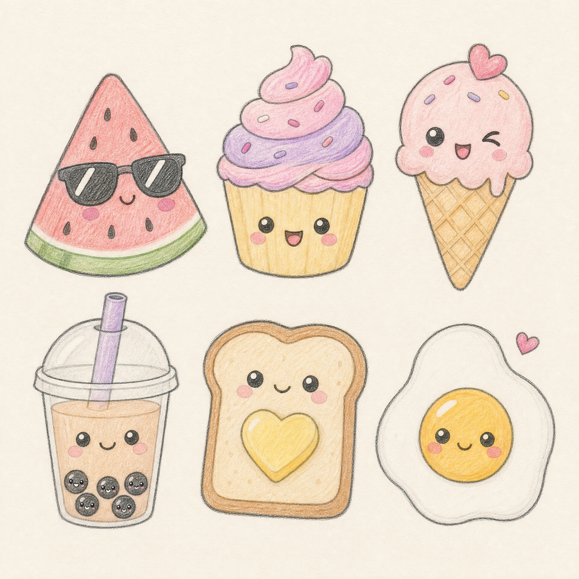 Adorable Kawaii Food Characters with Sunglasses and Smiles