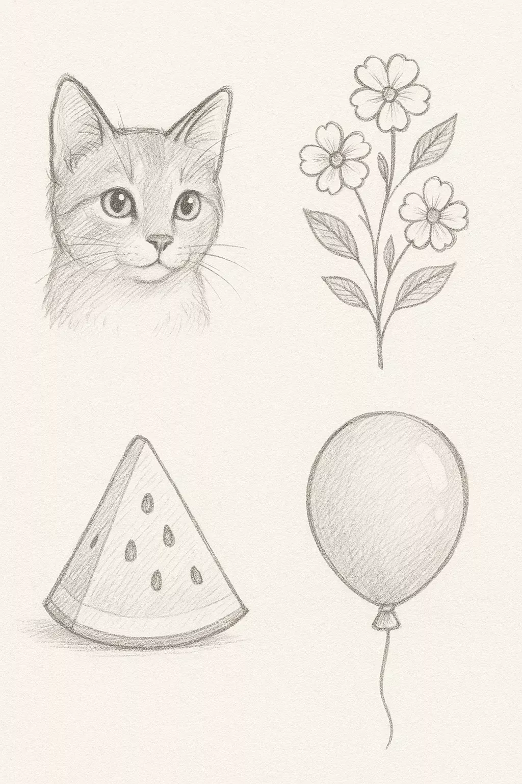 Adorable Kitten Face with Flowers, Watermelon Slice, and Balloon