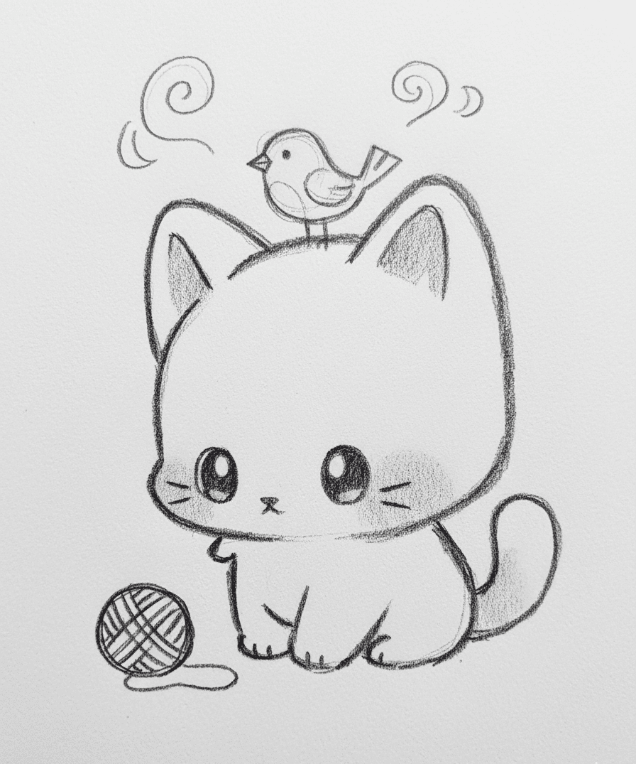 Adorable Kitten with Bird and Yarn Ball