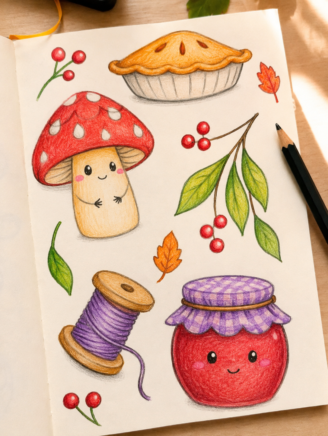 Adorable Mushroom, Jam Jar, and Autumn Leaves