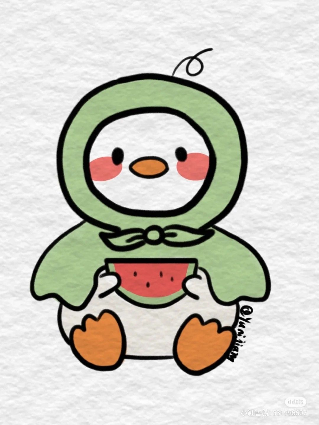 Adorable Penguin in Green Hood with Watermelon