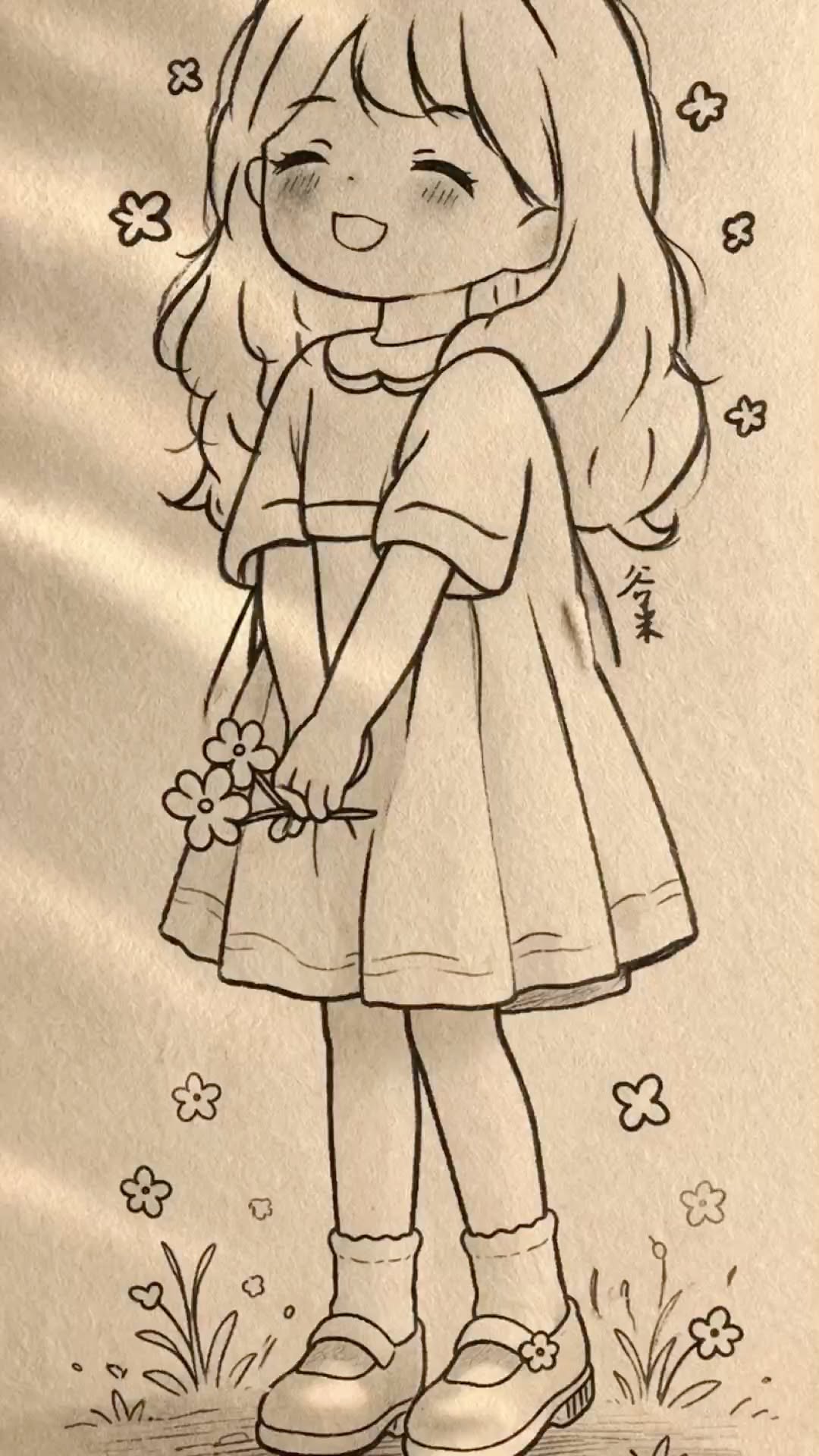 Cheerful Girl Holding Flowers in a Sunny Field