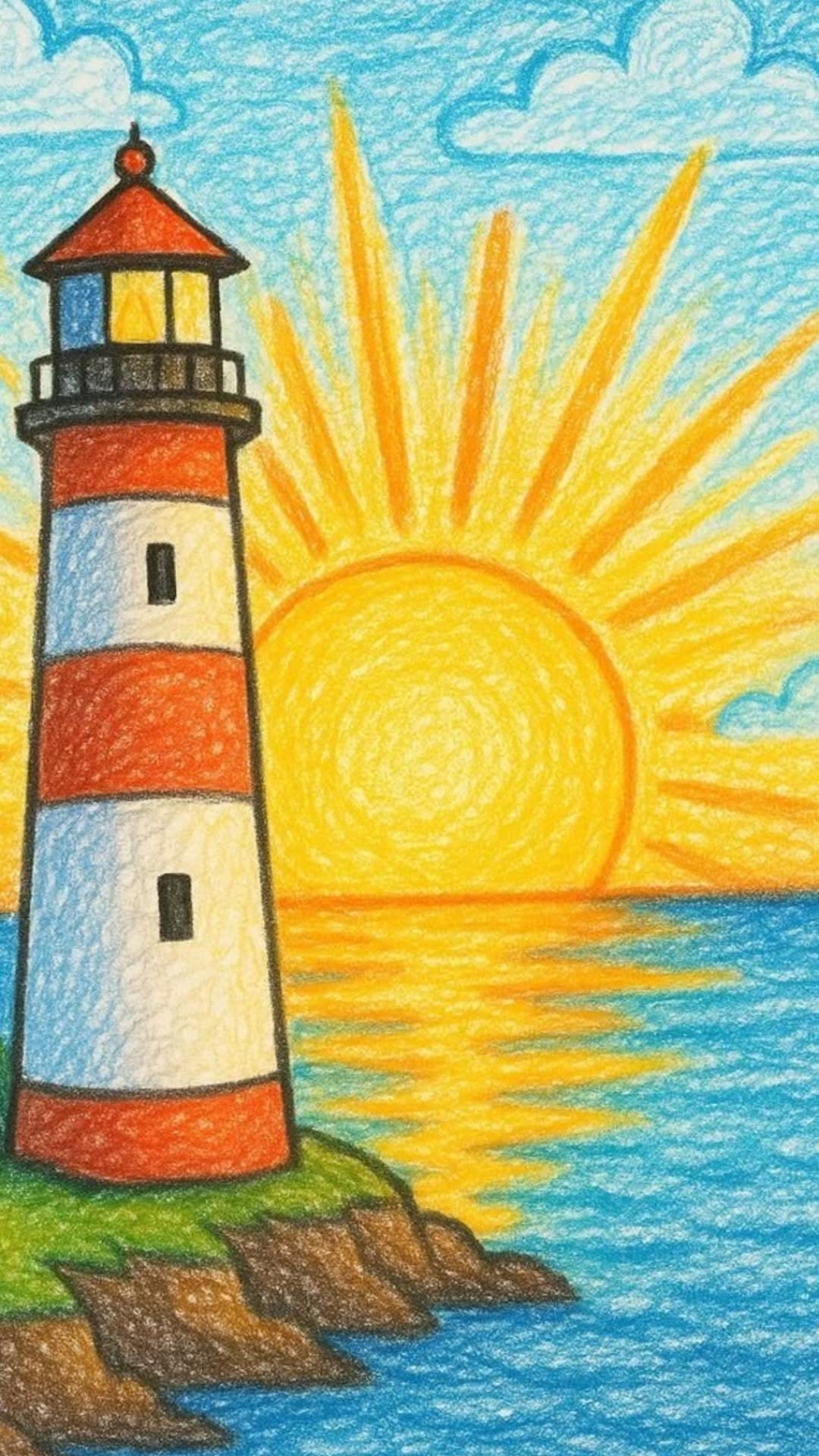 Cheerful Lighthouse with Sunset Over Ocean