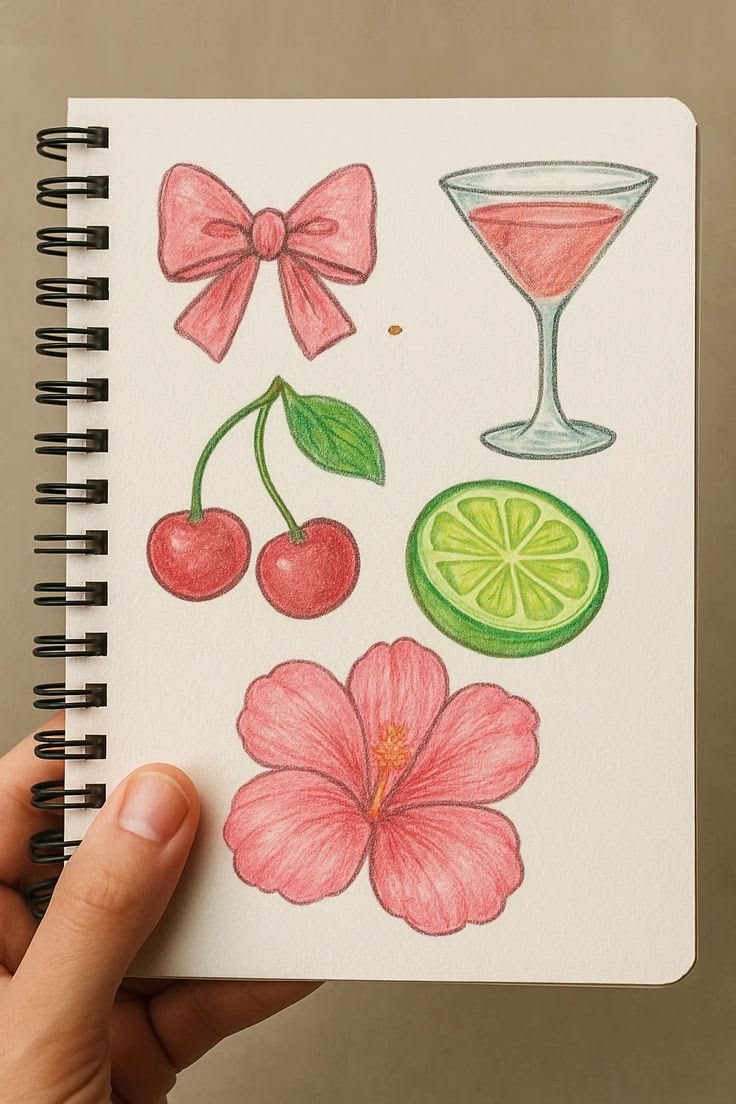 Colorful Hibiscus Flower, Martini Glass, Cherries, and Lime Slices