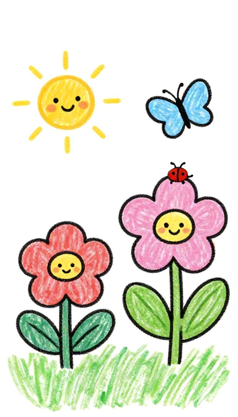 Happy Flowers with Smiling Faces, Sun, and Butterfly