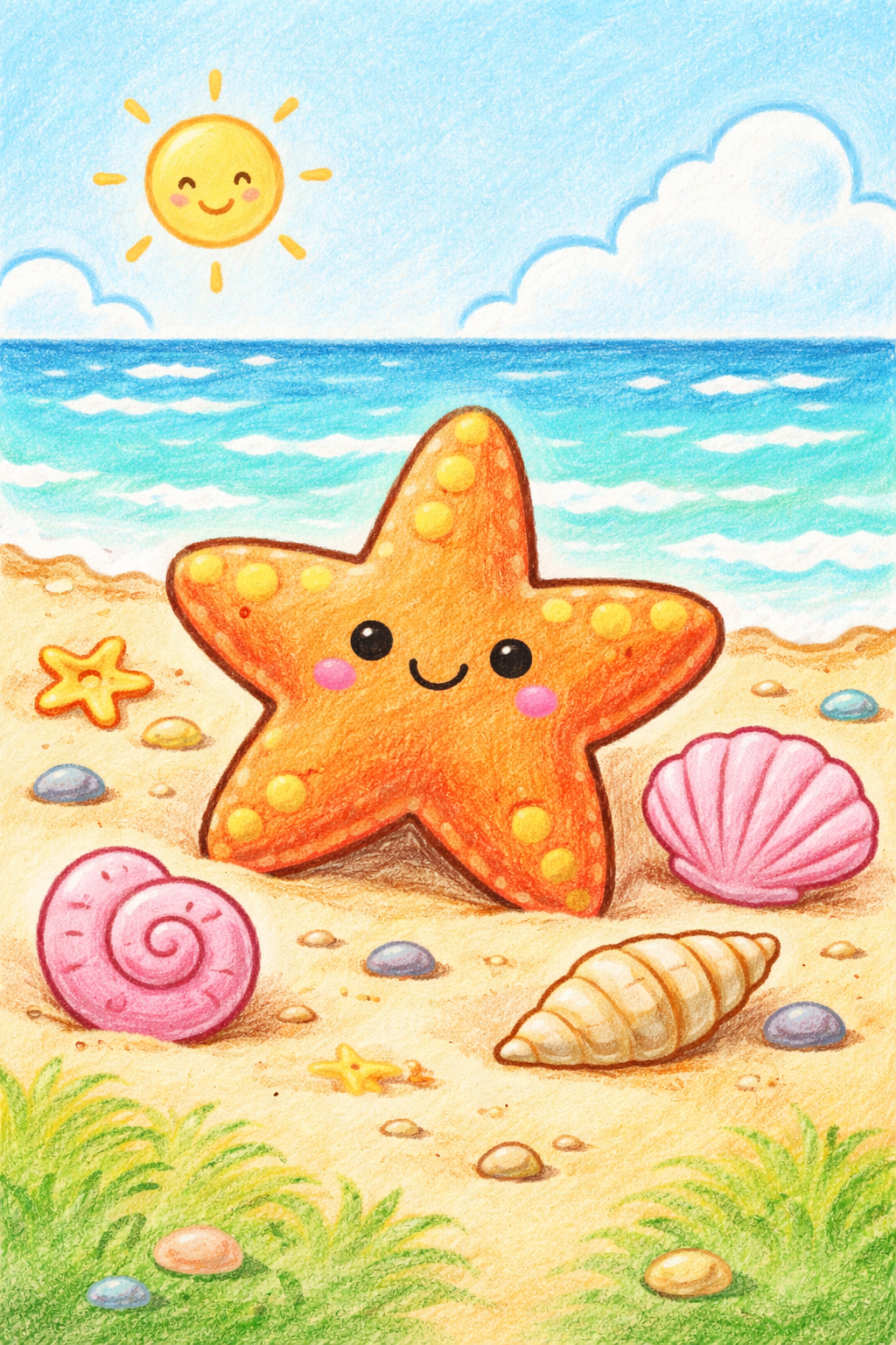 Happy Starfish on the Beach with Shells
