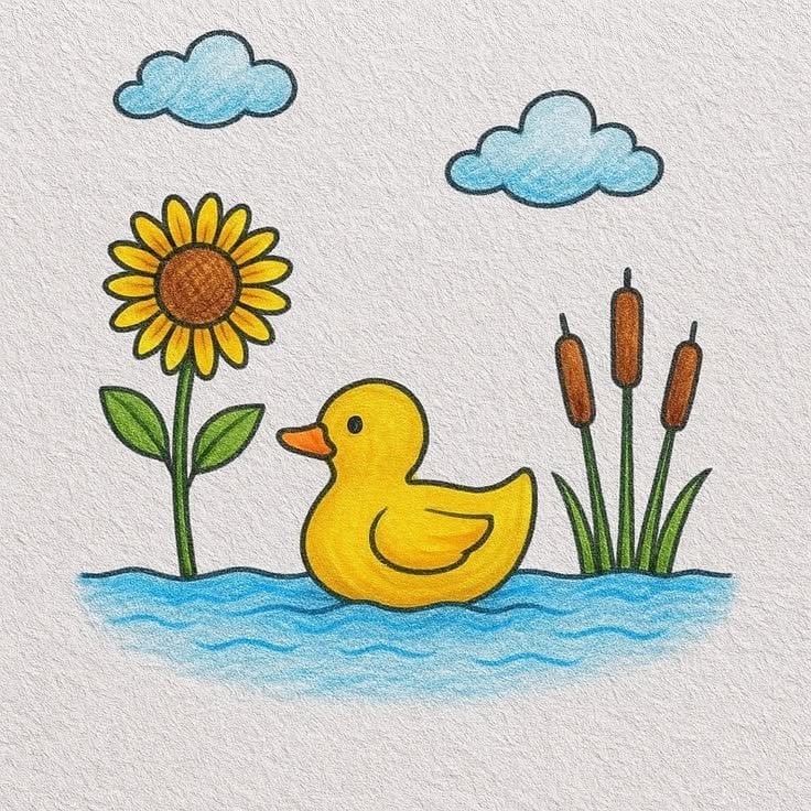 Adorable Duckling with Sunflower and Clouds