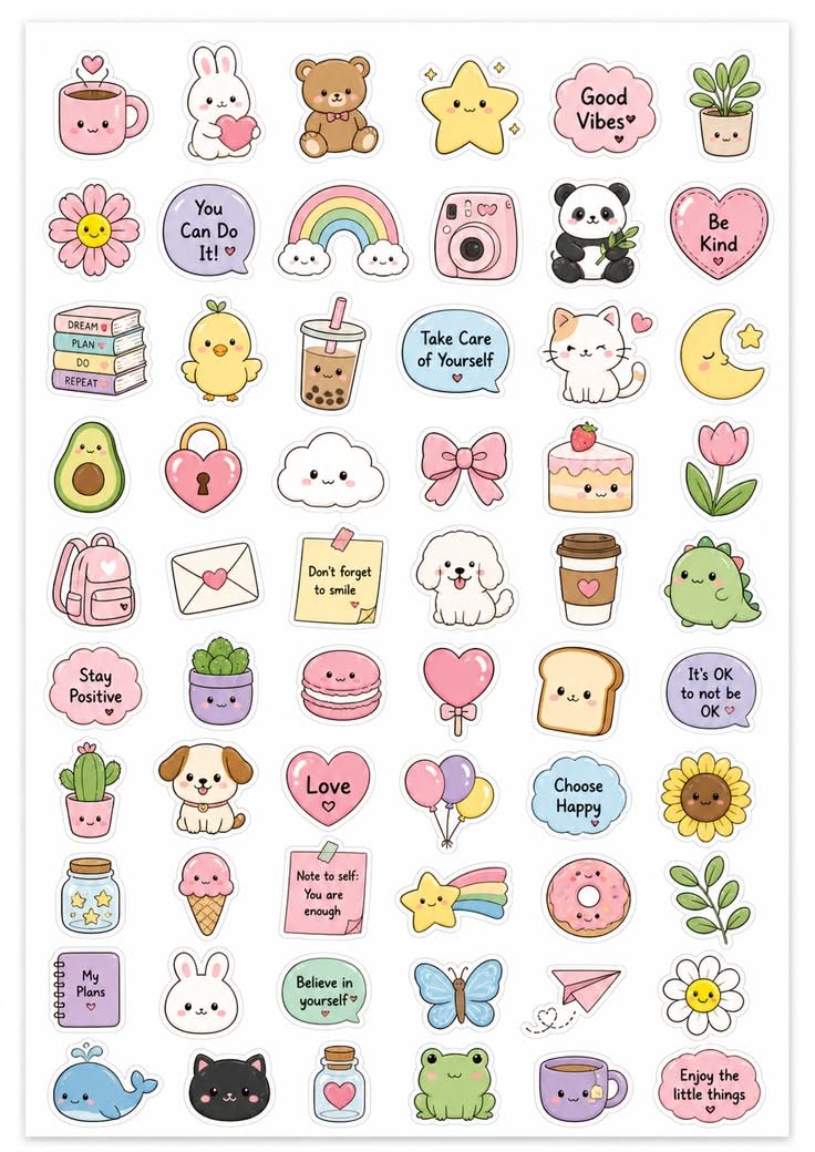 Adorable Kawaii Stickers with Positive Messages