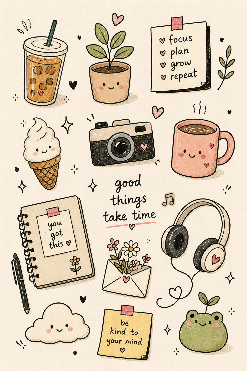 Adorable Self-Care Icons and Motivational Quotes