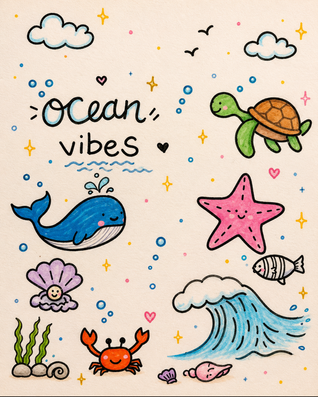 Fun Ocean-Themed Creatures and Waves