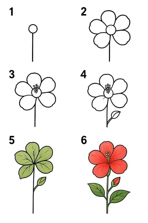 Simple Red Hibiscus with Leaves