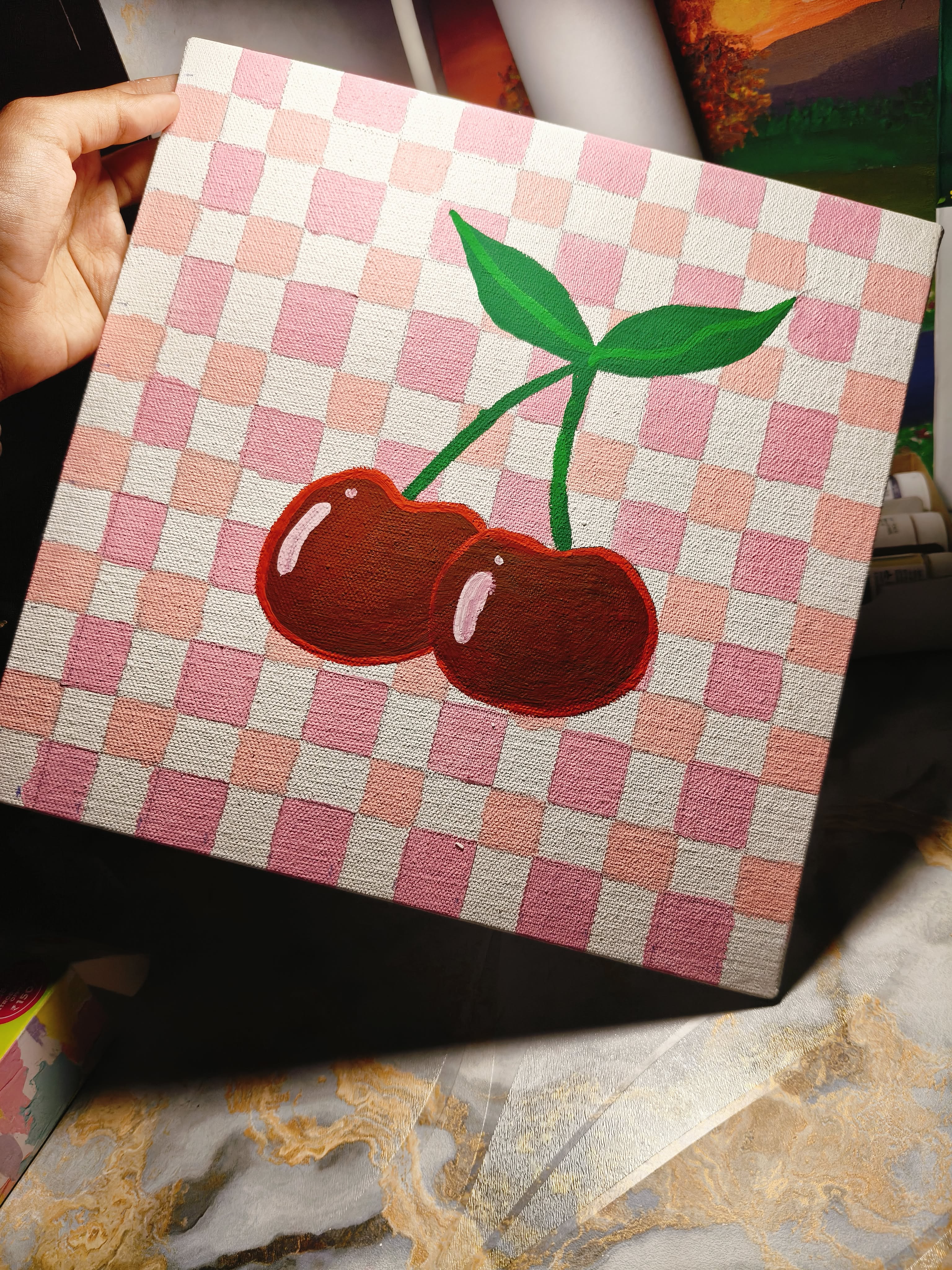 Cute Cherries on Pink Checkered Background