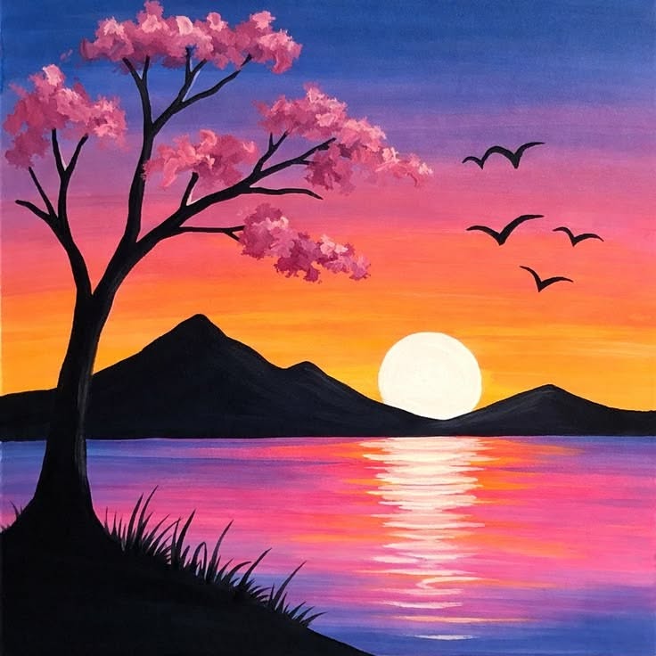 Serene Sunset with Cherry Blossom Tree