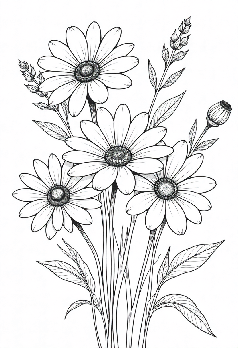 Flower Drawing: Charming Daisy Bouquet with Buds