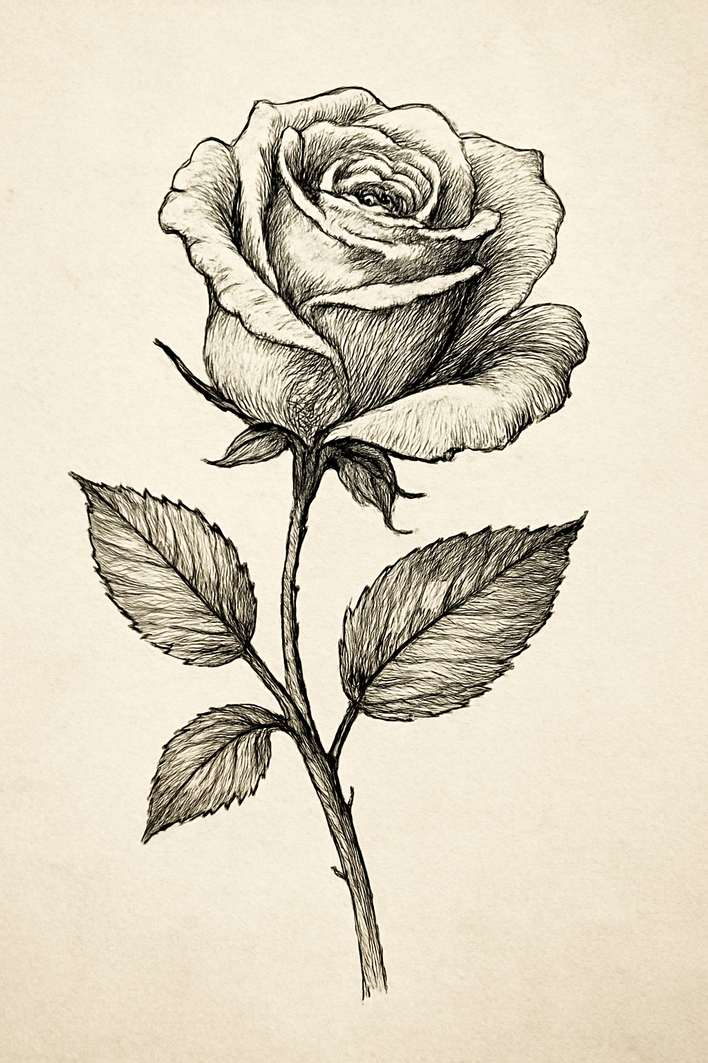 Detailed Sketch of a Classic Rose with Stem